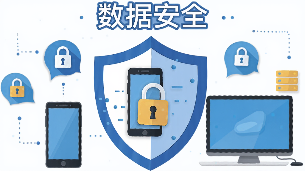 主体:一个盾牌图标包裹着手机和电脑,周围有数据备份的图标,布局:盾牌居中,两侧各有一个设备,排版:上方有“数据安全”字样,风格:扁平化插画,细节:盾牌内有锁形图案,画质:简洁,干净,无多余元素