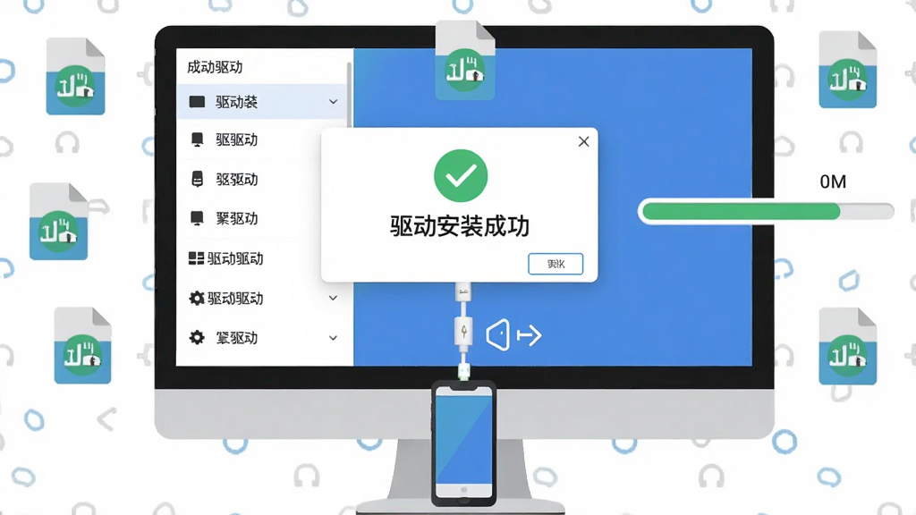 主体:电脑屏幕显示“驱动安装成功”弹窗,下方有手机连接动画,布局:弹窗居中,周围有驱动文件图标,排版:左侧有驱动列表,右侧有进度条,风格:扁平化UI风格,细节:弹窗上有绿色对勾,画质:清晰,干净,无多余元素