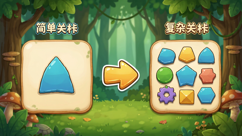 宝宝变形状关卡选择界面,左边是简单关卡(单个形状),右边是复杂关卡(多种形状组合),中间有卡通箭头指示,背景是森林场景,风格统一,细节精致,高画质,无多余元素
