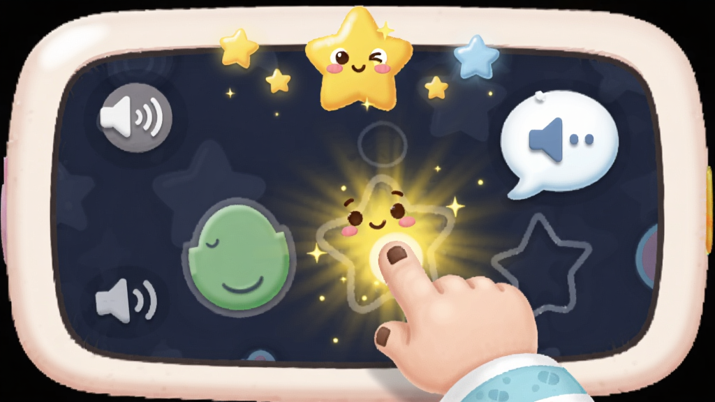 宝宝变形状语音互动画面,卡通星星在屏幕上方闪烁,宝宝手指点击形状时出现金色光效和笑脸,背景有音量图标和语音气泡,画风可爱,色彩柔和,画质清晰,无多余元素