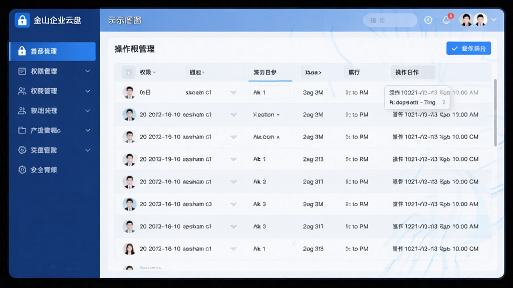 金山企业云盘安全管控界面示意图,主体为后台权限管理面板,布局左侧为导航栏,右侧展示权限列表与操作日志,排版采用表格形式,风格为科技感蓝色调UI设计,细节包括加密锁图标、用户头像、时间戳记录,画质清晰,无多余元素