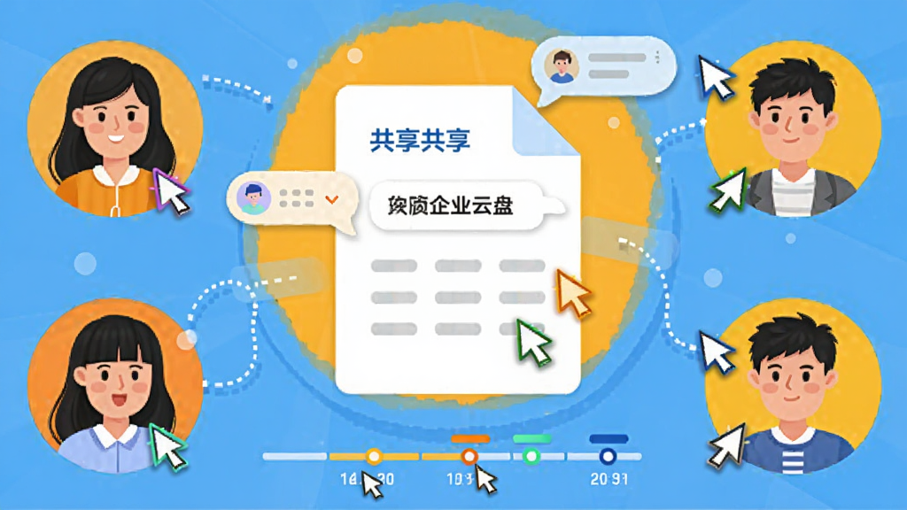 金山企业云盘多人协同编辑场景图,主体为多个用户头像围绕一份共享文档,布局采用环绕式,文档居中,头像分布在四周并带有光标指示,风格为明亮活泼的插画风,细节包括实时光标颜色区分、评论气泡、版本历史时间轴,画质干净,无多余元素