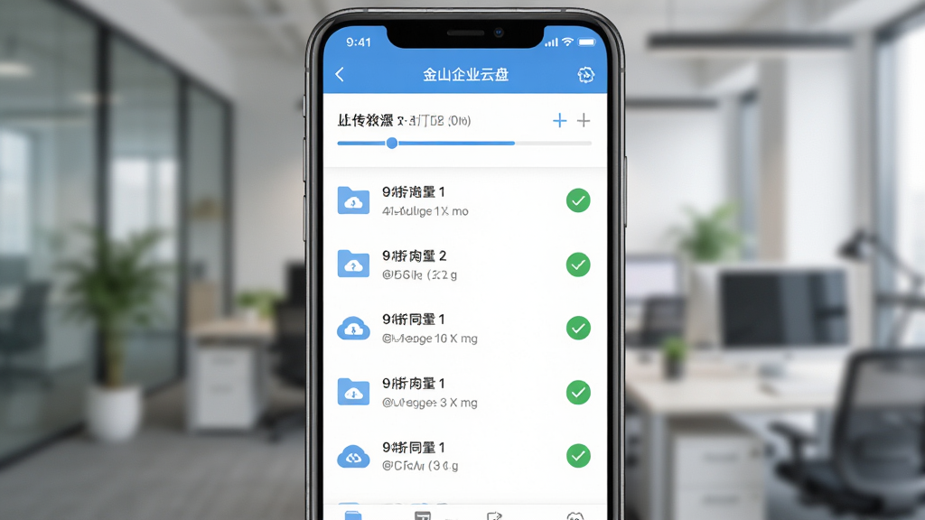 金山企业云盘移动端操作界面截图,主体为手机屏幕展示文件列表与同步状态,布局为竖屏居中,背景为模糊的办公环境,风格为真实UI截图风格,细节包括上传进度条、绿色对勾、云端图标,画质清晰,无多余元素