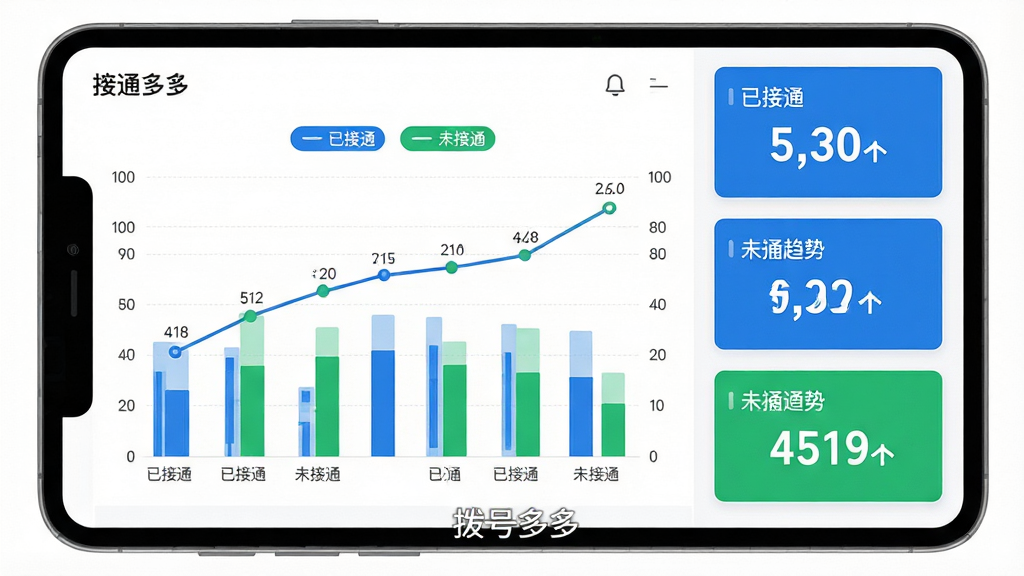 主体:拨号多多应用的通话统计图表界面,柱状图和折线图展示接通率趋势;布局:左侧为数据图表,右侧为统计数字卡片;排版:图表清晰,数字醒目,背景为白色;风格:商务简约风,蓝色和绿色为主色调;细节:图表上有“已接通”、“未接通”标签,数据卡片显示具体数量,屏幕底部有“拨号多多”水印;画质:高清,干净,无多余元素