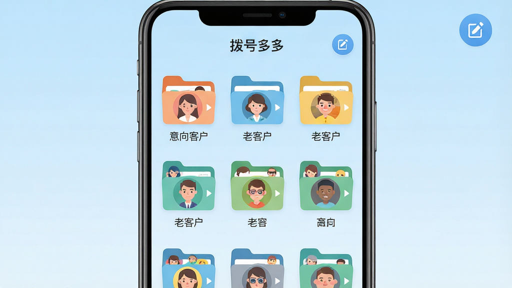 主体:拨号多多应用的号码分组管理界面,屏幕上有多个文件夹图标,每个文件夹内显示联系人头像;布局:手机屏幕居中,文件夹网格排列,背景为淡蓝色渐变;排版:图标下方带有分组名称,右上角有编辑按钮;风格:扁平化设计,色彩明快;细节:文件夹上写着“意向客户”、“老客户”等标签,屏幕顶部有“拨号多多”标题;画质:高清,干净,无多余元素