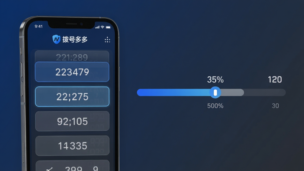 主体:拨号多多应用在后台自动拨号的场景,手机屏幕显示多个号码依次高亮;布局:左侧为手机,右侧为拨号进度条和统计数字;排版:简洁明了,进度条清晰显示当前拨号位置;风格:商务科技风,色调以深蓝和灰色为主;细节:屏幕上有“拨号多多”logo,进度条带有百分比数字,号码列表滚动;画质:高清,干净,无多余元素