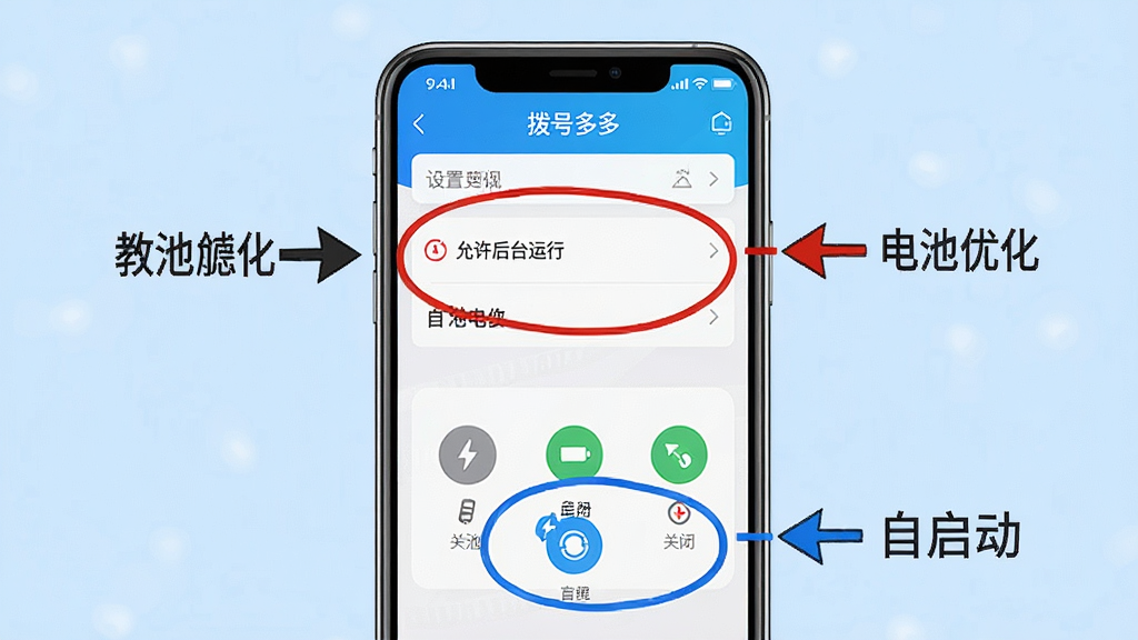 主体:手机屏幕显示拨号多多的设置界面,并标注出“电池优化”和“自启动”选项;布局:手机居中,周围有箭头指示,背景为浅蓝色;排版:设置项清晰,按钮位置明显;风格:教学风格,简洁明了;细节:屏幕上有“拨号多多”字样,红色圈出“允许后台运行”,蓝色圈出“关闭电池优化”;画质:高清,干净,无多余元素