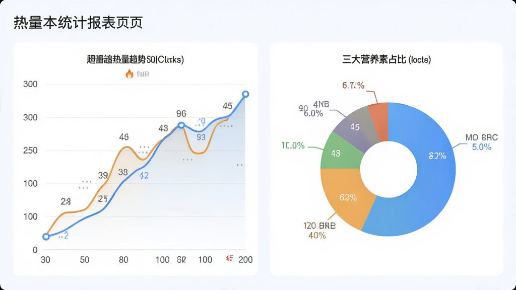 热量本统计报表页面,展示一周热量趋势曲线图和三大营养素占比饼图,界面采用浅色背景,图表线条流畅,数据标注清晰,手机竖屏,整体风格专业简洁,画质高清,无多余元素