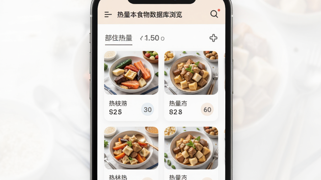 热量本食物数据库浏览页面,展示各类食材卡片和热量数值,界面采用列表布局,配有食物缩略图,风格简洁明快,色彩柔和,手机屏幕显示,排版整齐,画质细腻,干净背景