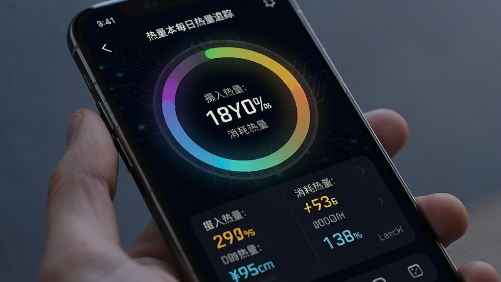 热量本每日热量追踪环形进度图,显示摄入热量与消耗热量的对比数值,界面中央为彩色圆环,下方为数据明细,整体风格现代科技感,深色背景搭配亮色数据,手机屏幕展示,画质清晰,细节丰富