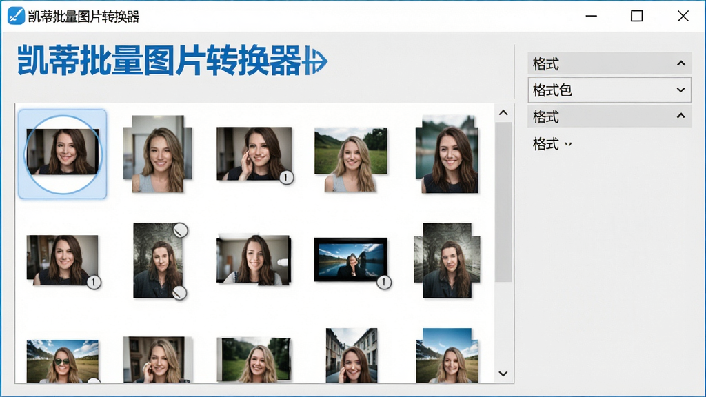 一张展示凯蒂批量图片转换器主界面的高清截图,窗口中显示多个图片文件拖拽进入列表,右侧有格式选择下拉菜单,背景为浅灰色,界面风格简洁现代,布局清晰,软件名称“凯蒂批量图片转换器”以醒目蓝色字体显示在窗口左上角,整体画面干净明亮,画质清晰,无多余元素