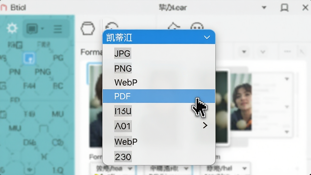 展示凯蒂批量图片转换器格式选择界面的特写,画面中央是一个展开的下拉菜单,列出多种图片格式如JPG、PNG、WebP、PDF等,鼠标指针悬停在WebP选项上,背景为软件主界面,色调清新,重点突出格式列表,文字清晰可见,整体风格专业,画质细腻,无多余元素