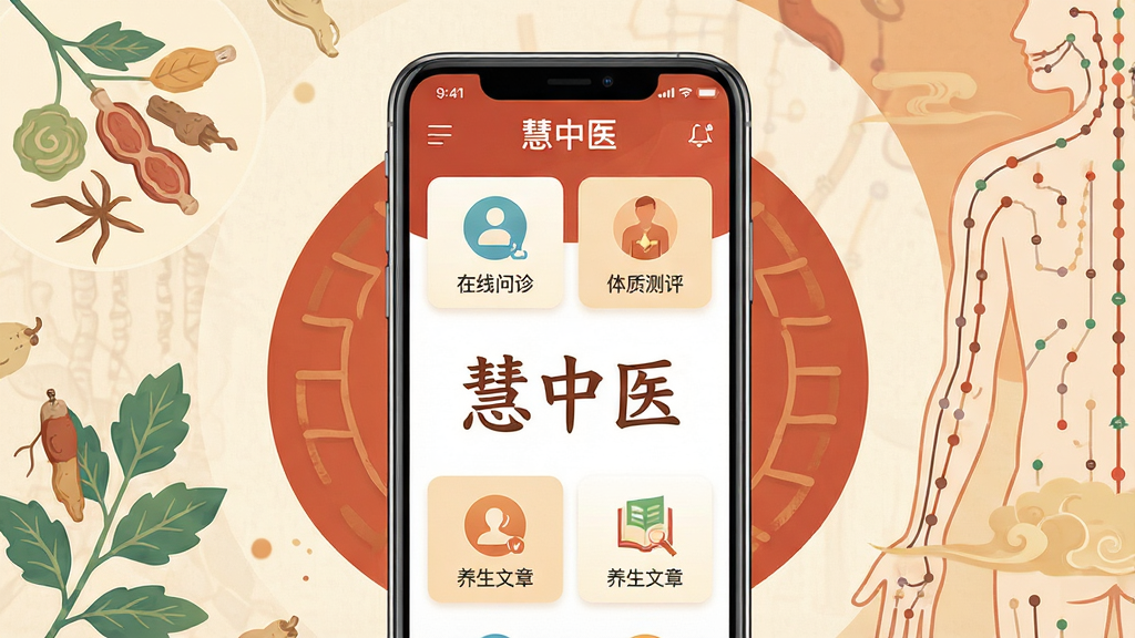 主体:手机屏幕展示“慧中医”App主界面,界面显示“在线问诊”、“体质测评”、“养生文章”等模块图标,中心有“慧中医”字样。布局:手机居中,屏幕内容清晰可见,周围环绕抽象的中医元素如草药、经络图。排版:简洁明了,突出App名称与核心功能。风格:现代扁平化结合中国风,色调以暖色为主,画质高清,干净,无多余元素。