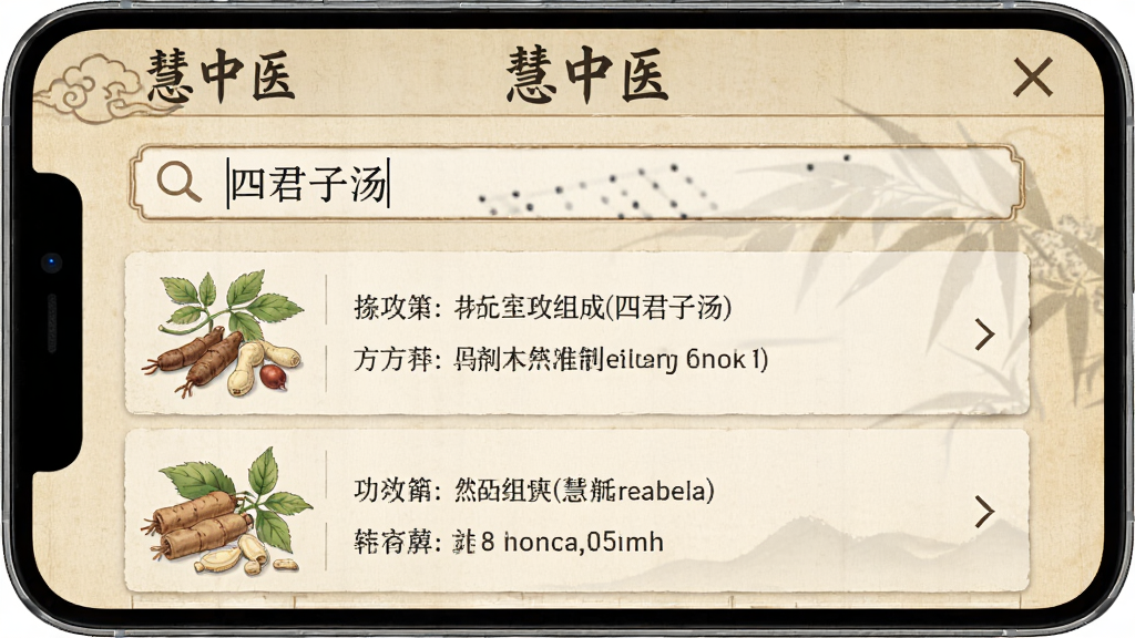 主体:“慧中医”App的方剂查询界面,搜索框输入“四君子汤”,下方显示方剂组成、功效等条目。布局:手机界面居中,上方搜索栏,下方为列表结果,左侧配以草药插图。排版:条理清晰,文字易读。风格:古风书籍感,纸张纹理背景,画质古朴,干净,无多余元素。