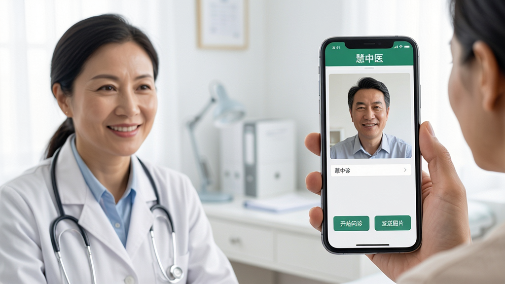 主体:医生通过手机视频通话为患者看诊,手机屏幕上显示“慧中医”App问诊界面,有“开始问诊”、“发送图片”按钮。布局:医生位于左侧,手机界面占据右侧,背景为简洁的诊室环境。排版:突出视频通话与功能按钮。风格:写实摄影风格,光线明亮柔和,画质高清,干净,无多余元素。