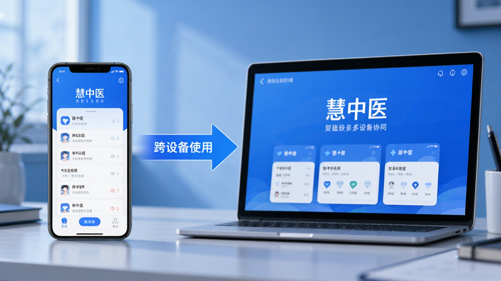 主体:手机和电脑并排,屏幕均显示“慧中医”App界面,背景为桌面。布局:左手机右电脑,中间用箭头连接,标注“跨设备使用”。排版:突出多设备协同。风格:现代科技感,蓝色调,画质清晰,干净,无多余元素。