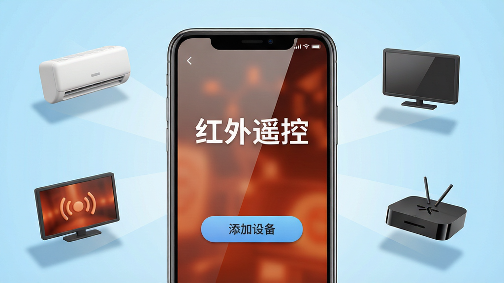 主体:一部智能手机屏幕显示红外遥控应用界面,周围悬浮着空调、电视、机顶盒等家电的3D图标;布局:手机居中,家电图标环绕四周,形成发散式构图;排版:界面清晰展示“红外遥控”四个字,下方有“添加设备”按钮;风格:现代科技感,色彩明亮,背景为浅蓝色渐变;细节:手机屏幕反射出柔和光线,家电图标带有轻微投影,画质高清,干净无多余元素。