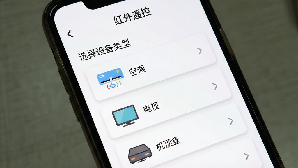 主体:手机屏幕展示红外遥控的“添加设备”界面,列表中有“空调”、“电视”、“机顶盒”等选项;布局:界面居中,选项以卡片式排列;排版:顶部有“红外遥控”字样,下方为“选择设备类型”标题;风格:简洁扁平化设计,背景为白色,卡片带有浅灰色阴影;细节:每个卡片上有对应设备的彩色图标,画质清晰,干净无多余元素。