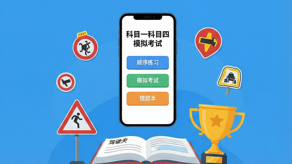 画面主体为一部智能手机悬浮在蔚蓝色背景中央,屏幕中显示“科目一科目四模拟考试”的APP主界面,界面中清晰可见“顺序练习”“模拟考试”“错题本”三个彩色功能按钮,手机下方有一本打开的驾驶教材和一枚金色奖杯,周围点缀着交通标志图标,整体布局简洁大气,采用扁平化插画风格,色彩明亮干净,细节精致,画质高清,无多余元素
