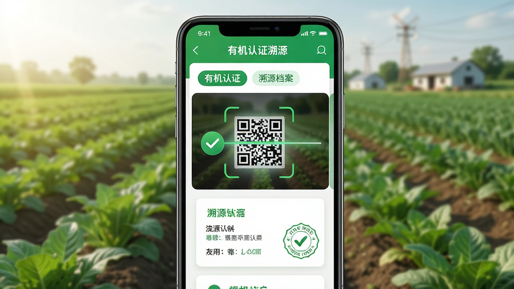 主体:绿色有机app的有机认证溯源界面,手机屏幕上显示二维码扫描动画和认证信息卡片;布局:手机屏幕放大展示,背景为农田和绿色植物;排版:信息卡片布局整齐,有“有机认证”“溯源档案”等标签;风格:写实与科技感结合;细节:屏幕上有绿色对勾图标和认证印章;画质:清晰明亮,干净整洁