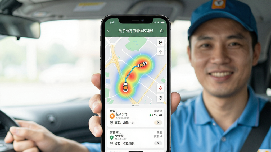 主体:桔子出行司机端极速版APP界面,手机屏幕展示接单大厅地图与订单列表,司机师傅手持手机微笑;布局:手机居中,界面元素清晰,地图路线与订单卡片可见;排版:简洁明快,突出APP名称“桔子出行司机端极速版”字样;风格:现代扁平化,色彩明亮清新;细节:地图上显示车辆图标与热力区域,订单卡片有乘客目的地;画质:高清,干净,无多余元素,软件名称+预览图