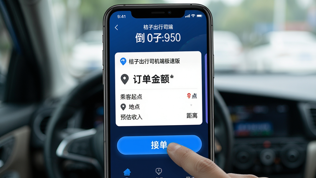 主体:桔子出行司机端极速版接单界面,手机屏幕显示订单推送卡片与抢单按钮,司机手指点击;布局:屏幕中心是订单卡片,上方是倒计时,下方是接单按钮;排版:信息层级分明,突出“桔子出行司机端极速版”与订单金额;风格:科技感,蓝色调;细节:卡片上有乘客起点终点、预估收入、距离,按钮醒目;画质:高清,干净,无多余元素,软件名称+预览图