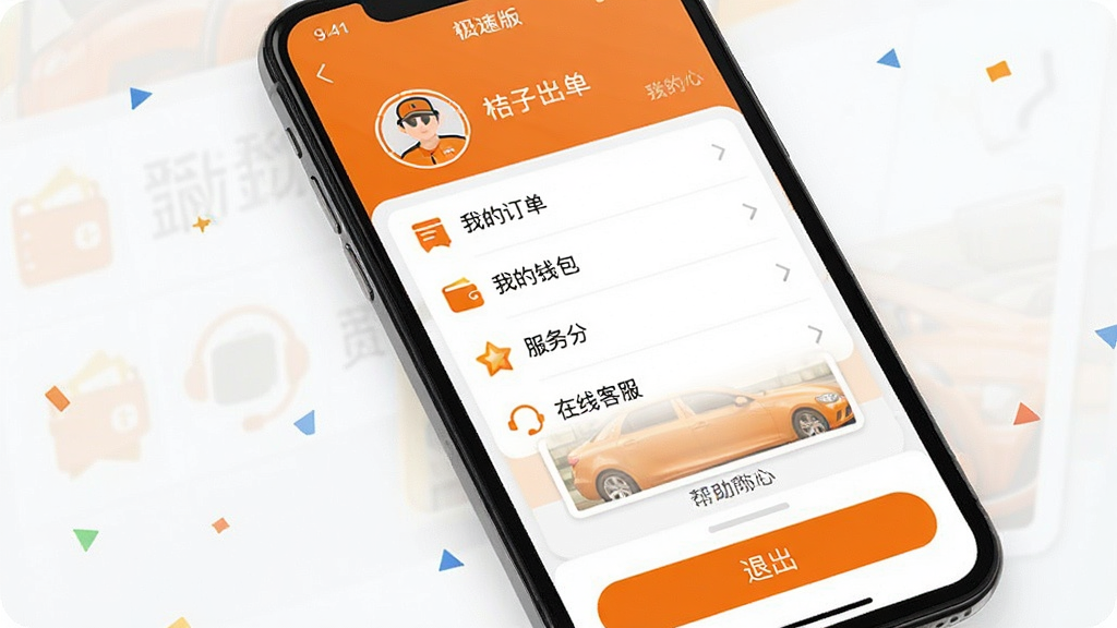 主体:手机屏幕显示桔子出行司机端极速版“我的”页面,包含设置选项与帮助中心入口;布局:页面顶部是司机头像与姓名,中部是功能列表,底部是退出按钮;排版:列表清晰,图标与文字结合;风格:简洁实用,橙色主调;细节:功能列表有“我的订单”、“我的钱包”、“服务分”、“在线客服”;画质:高清,干净,无多余元素,软件名称+预览图