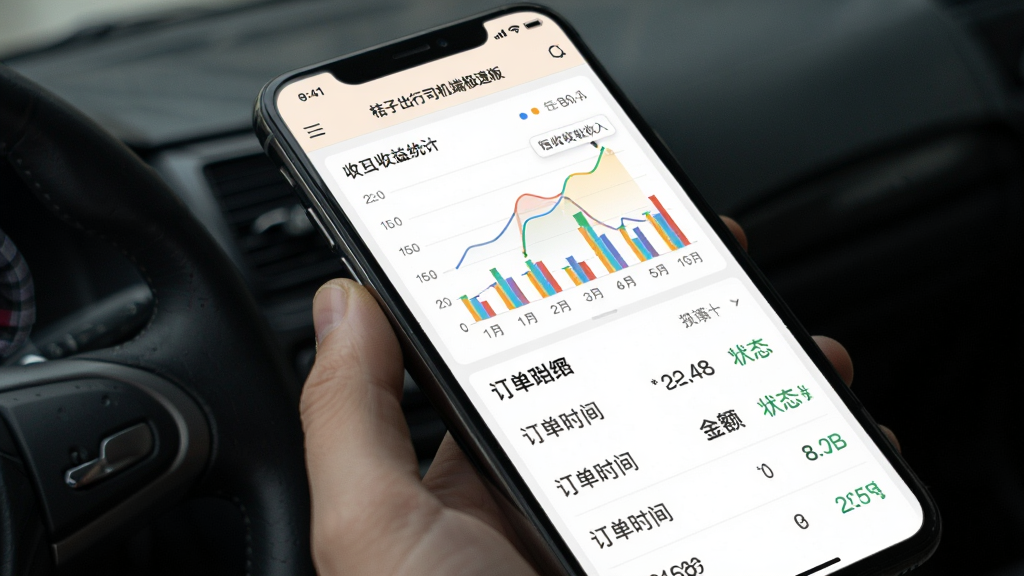 主体:桔子出行司机端极速版收益统计界面,手机屏幕显示收入折线图与订单明细列表;布局:上方是图表,下方是列表,清晰展示数据;排版:数据可视化,突出“桔子出行司机端极速版”收益分析;风格:商务简约,白色背景;细节:图表有每日收入柱状图,列表有订单时间、金额、状态;画质:高清,干净,无多余元素,软件名称+预览图