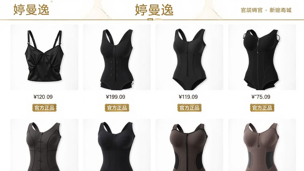 画面主体为“婷曼逸”官方商城界面,展示多款塑身衣商品图片,有吊带式、连体式等不同款式,商品细节清晰。布局采用网格排版,每件商品下方标注价格与“官方正品”标签。整体风格简约商务,白底配金色点缀,细节上突出商品质感与品牌Logo,画质高清,干净无多余元素。