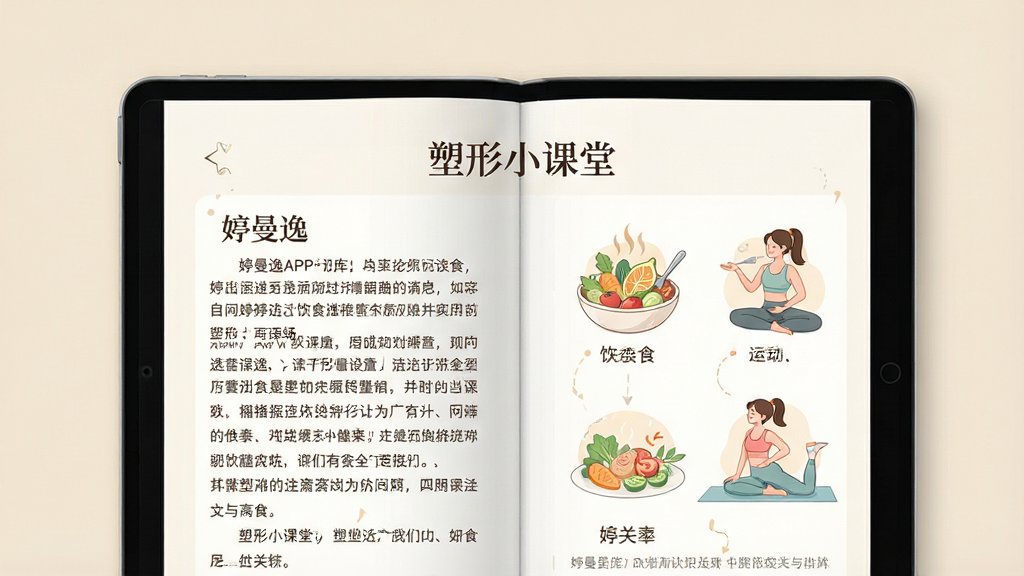 画面主体为一本翻开的电子书页面,展示“婷曼逸”APP的知识库文章,配有饮食和运动的插画。布局采用书籍居中,背景为淡雅的米色,文章标题为“塑形小课堂”。排版图文并茂,左侧为文字,右侧为插图。风格为清新阅读风,细节上突出知识点的条理清晰,画质舒适,干净无多余元素。