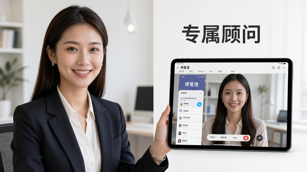 画面主体为一位专业的穿搭顾问正通过平板电脑与用户视频连线,屏幕中显示“婷曼逸”APP的顾问咨询页面。布局采用左右结构,左侧为顾问半身像,右侧为平板电脑画面,背景为简约的办公室环境。排版整洁,突出“专属顾问”字样。风格为专业服务感,细节上展示顾问亲切微笑与专业工具,画质柔和,干净无多余元素。
