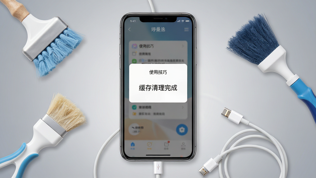 画面主体为一部智能手机运行“婷曼逸”APP的界面,屏幕显示“使用技巧”弹窗,旁边有充电线连接。布局采用手机居中,背景为渐变灰色,突出手机屏幕内容。排版上弹窗内有文字“缓存清理完成”,整体风格为实用教程风,细节上展示手机周围有清洁工具,画质清晰,干净无多余元素。