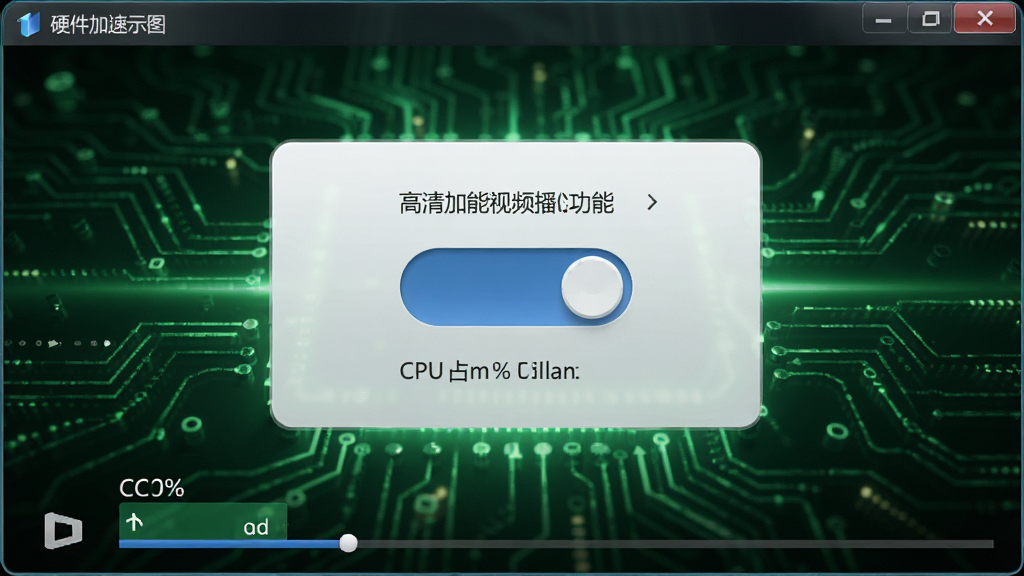 硬件加速示意图:高清万能视频播放器开启硬件加速功能,界面显示CPU占用率低,视频播放流畅,背景为绿色科技感光效,主体为功能开关界面,布局居中,排版清晰,风格简洁,细节精细,画质高清,干净无多余元素。