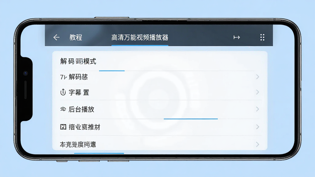 使用教程图:手机屏幕显示高清万能视频播放器设置界面,有解码模式、字幕设置、后台播放等选项,背景为浅蓝色,主体为设置列表,布局居中,排版整齐,风格简洁,细节清晰,画质高清,干净无多余元素。