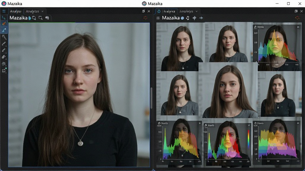 展示Mazaika软件界面,左侧是目标原图,右侧是自动匹配生成的蒙太奇效果预览,界面布局清晰,色彩分析数据可视化展示,风格科技感十足,细节精致,画质清晰干净,无多余元素。