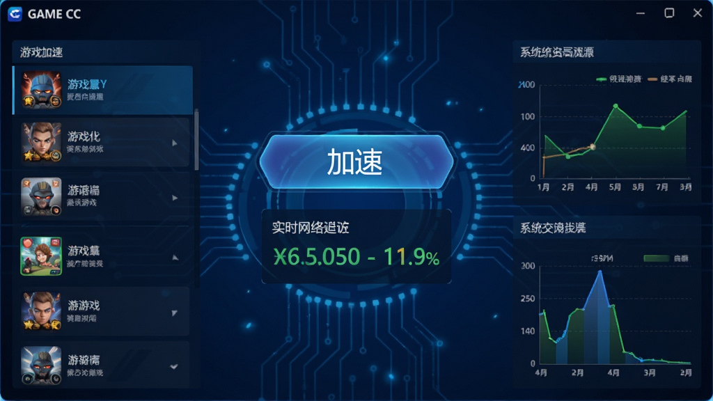 Game CC软件主界面预览图,深蓝色科技感背景,中央显示加速按钮和实时网络延迟数据,左侧列出游戏列表,右侧显示系统资源占用图表,整体布局简洁清晰,风格现代,画质干净,无多余元素