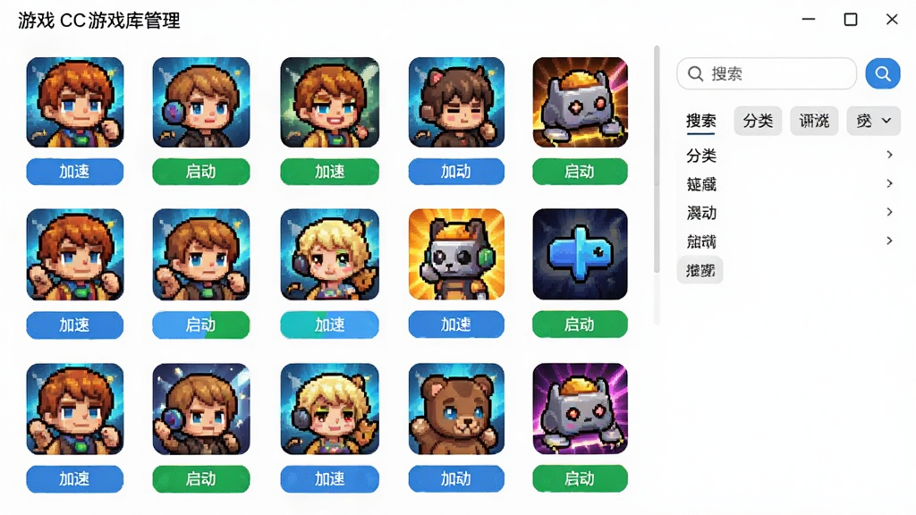 Game CC游戏库管理界面预览,显示网格状排列的游戏图标,每个图标下方有“加速”和“启动”按钮,右侧有搜索框和分类筛选标签,整体布局整齐,风格简约,色彩明亮