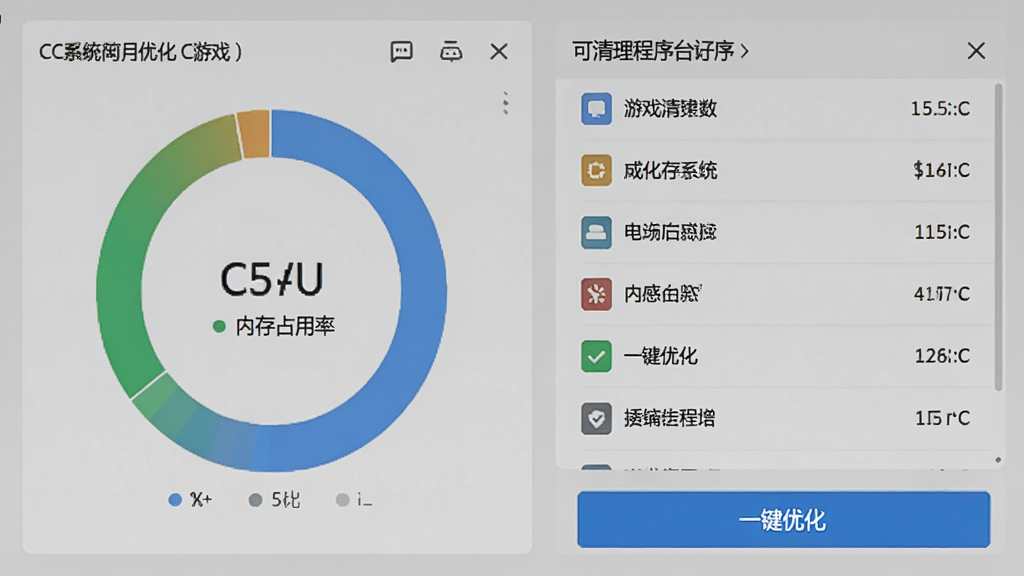 Game CC系统资源优化功能截图,左侧显示CPU和内存占用率的环形图,右侧列出可清理的后台程序列表,底部有“一键优化”按钮,界面简洁,数据可视化,风格清爽