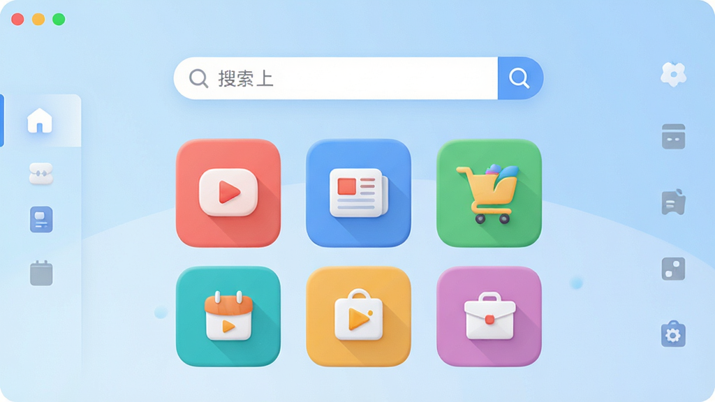 主体:小懂上网软件主界面,展示简洁的搜索框和分类导航图标。布局:上方为搜索栏,下方为九宫格快捷入口,整体居中对称。排版:扁平化设计,图标圆润,色彩明快。风格:现代科技感,背景浅蓝渐变。细节:搜索框有放大镜图标,快捷入口包含视频、新闻、购物等图标,界面无多余文字。画质:高清渲染,干净无多余元素。