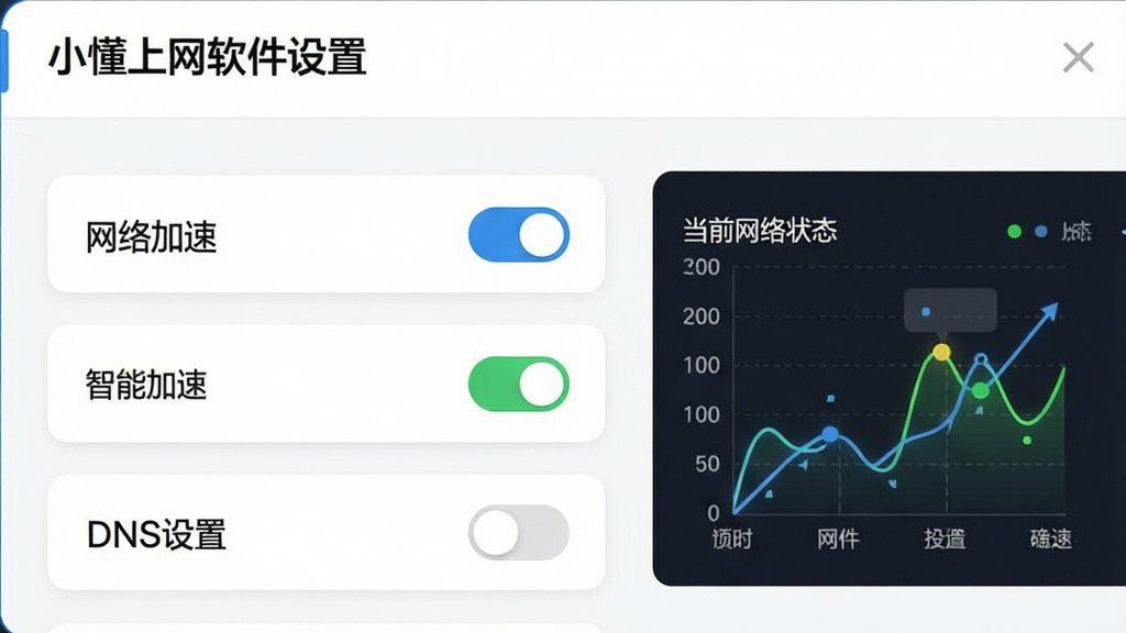 主体:小懂上网软件设置界面,展示“网络加速”选项。布局:设置项以列表形式排列,右侧为当前网络状态图表。排版:字体清晰,选项开关样式现代化。风格:简洁商务,背景为白色。细节:显示“智能加速”开关处于开启状态,下方有“DNS设置”选项,界面干净无多余元素。画质:高清,无多余元素。