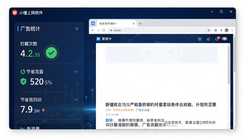 主体:小懂上网软件界面,展示“广告拦截”功能。布局:左侧为拦截统计面板,右侧为网页浏览区域。排版:统计面板显示拦截次数、节省流量等数据,浏览区域展示一个无广告的新闻页面。风格:简洁科技感,背景为深蓝色。细节:拦截面板有绿色对勾图标,网页内容清晰,无任何广告位,界面干净无多余元素。画质:高清,无多余元素。