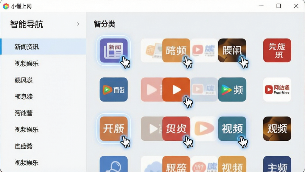 主体:小懂上网软件界面,展示“智能导航”功能页面。布局:左侧为分类列表,右侧为网站图标网格。排版:图标大小统一,排列整齐,分类清晰。风格:清新简洁,背景为淡灰色。细节:鼠标悬停的网站图标有高亮效果,分类名称如“新闻资讯”、“视频娱乐”清晰可见,界面干净无多余元素。画质:高清,无多余元素。