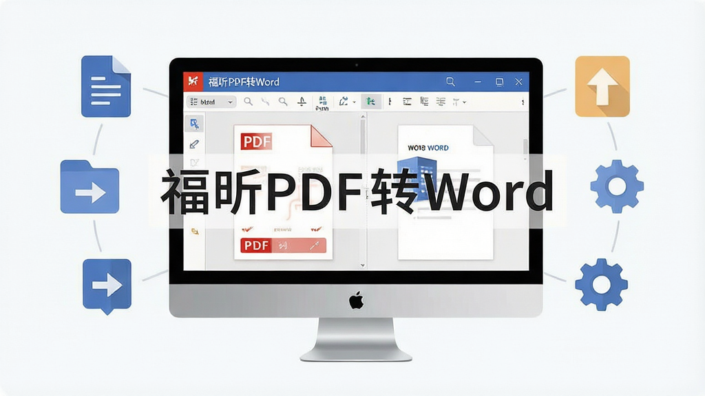 一张现代简约风格的软件功能展示图,主体为电脑屏幕中显示福昕PDF转Word软件界面,界面中PDF文件正在转换为Word文档,周围有简洁的图标元素,如文档、箭头、齿轮等,布局清晰,排版有序,整体风格扁平化,细节精致,画质高清,干净无多余元素,图片中文字标注“福昕PDF转Word”