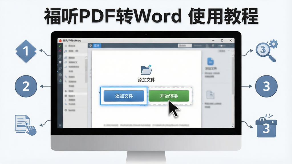 展示福昕PDF转Word软件操作教程的示意图,主体为电脑屏幕中软件界面,界面中突出显示“添加文件”和“开始转换”按钮,屏幕下方有鼠标指针,周围有步骤编号1、2、3,布局清晰,风格简洁教学感,细节精致,画质高清,干净无多余元素,图片中文字标注“福昕PDF转Word 使用教程”