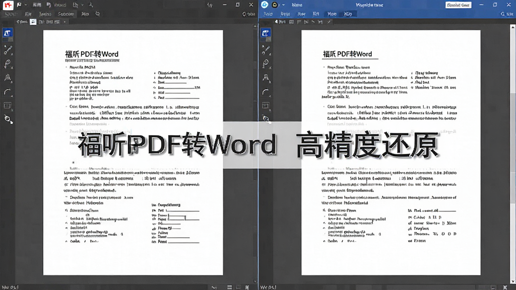 展示福昕PDF转Word软件高精度还原功能的对比图,左侧为原始PDF文档,右侧为转换后的Word文档,两者并排展示,内容完全一致,布局左右对称,风格简洁专业,细节清晰,画质高清,干净无多余元素,图片中文字标注“福昕PDF转Word 高精度还原”