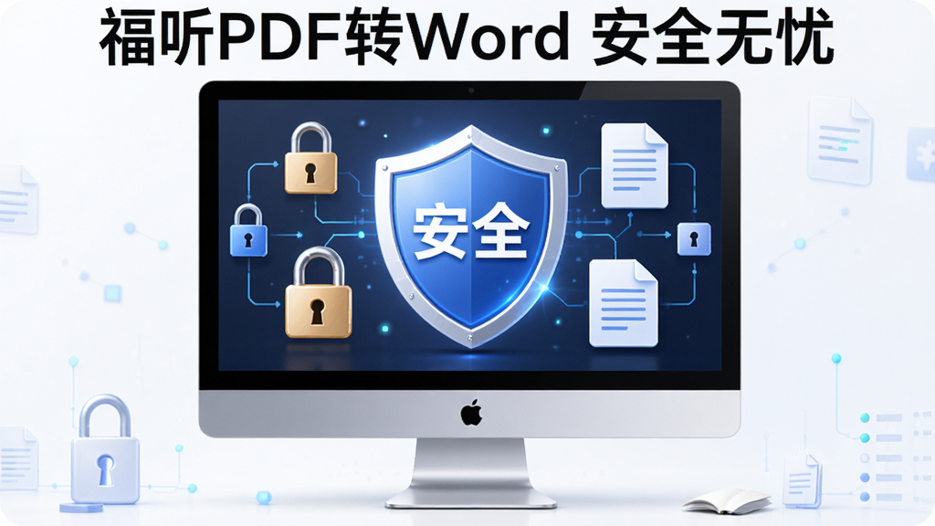 展示福昕PDF转Word软件安全性的概念图,主体为电脑屏幕中有一个盾牌图标,盾牌上带有“安全”字样,周围有加密锁和文档图标,布局居中,风格简洁科技感,细节精致,画质高清,干净无多余元素,图片中文字标注“福昕PDF转Word 安全无忧”