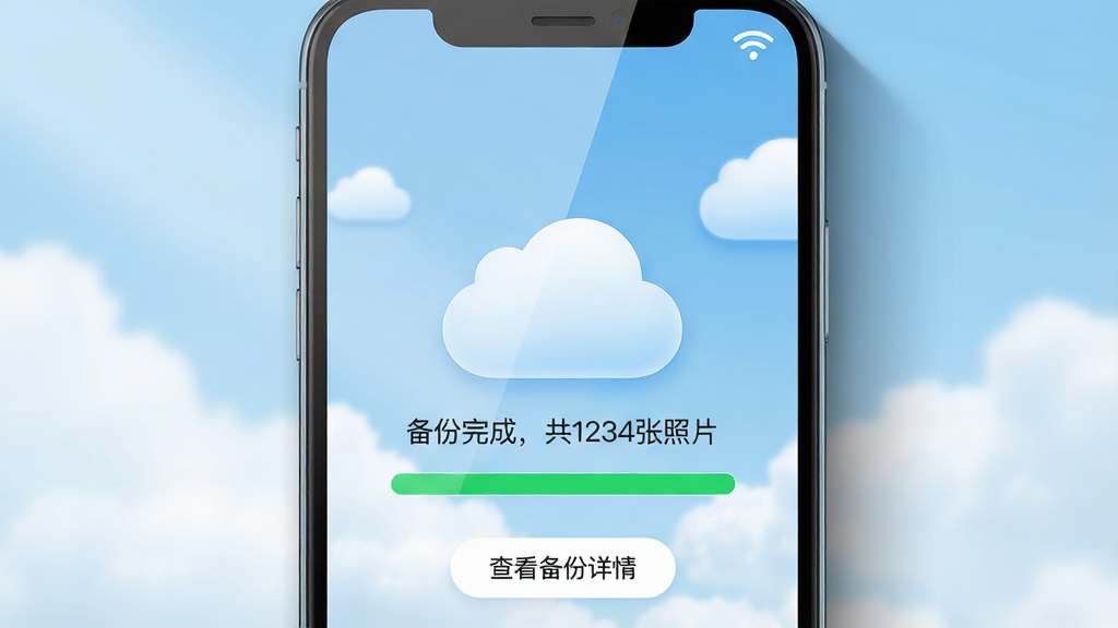 主体:智能手机屏幕显示相册飞船APP备份界面,界面中央有一个大大的云朵图标,云朵下方显示“备份完成,共1234张照片”,背景为淡蓝色天空与白云。布局:手机居中,屏幕内容清晰可见,周围有柔和的光影效果。排版:界面文字简洁,图标圆润,进度条已满。风格:清新自然,云朵元素突出,色彩以蓝白为主。细节:手机边缘有轻微阴影,屏幕反光自然,界面右上角显示Wi-Fi图标,下方有“查看备份详情”按钮。画质:超高清,细节丰富,色彩柔和,干净,无多余元素。