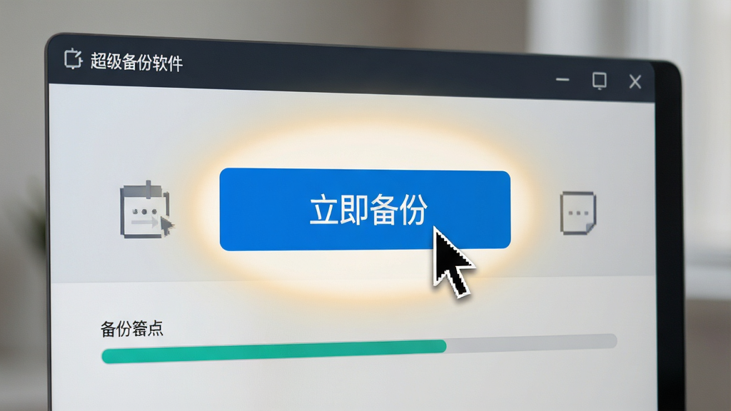 展示超级备份软件一键备份功能操作截图,画面主体为电脑屏幕上软件主界面,鼠标指针正悬停在醒目的蓝色“立即备份”按钮上,界面下方进度条显示备份状态,周围用柔和的光线突出按钮,整体风格写实清晰,界面UI设计现代,画质高清,干净无多余元素