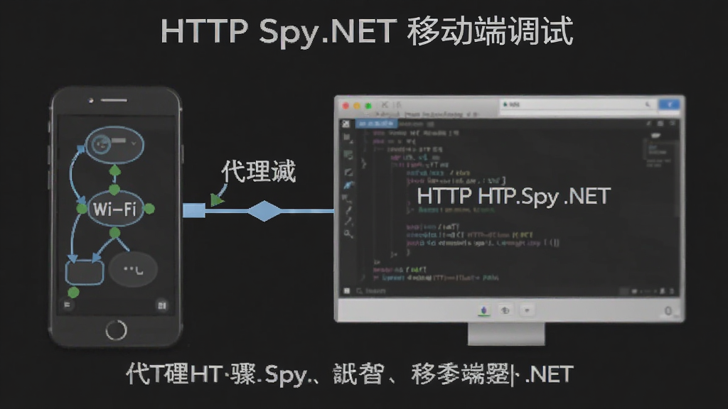主体为软件在移动端调试场景下的拓扑图,展示手机通过 Wi-Fi 连接 PC 上的 HTTP Spy .NET,标注代理设置步骤,风格简洁,画质干净,无多余元素,文字标注