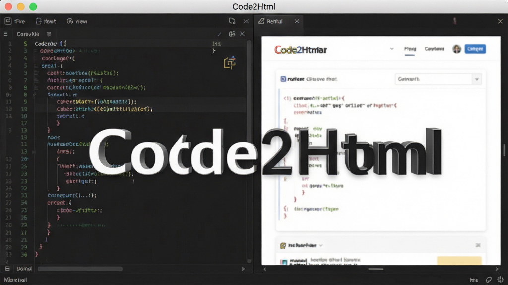 一张展示Code2Html软件主界面的高清截图,界面包含代码编辑区和实时预览区,左侧深色代码输入框,右侧白色网页预览效果,整体风格简洁现代,突出软件名称
